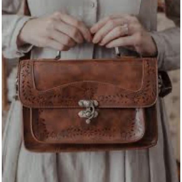 Ecosusi Handbags - Ecosusi Vintage Brown Leather Crossbody Satchel Bag Floral Tooled Boho Purse